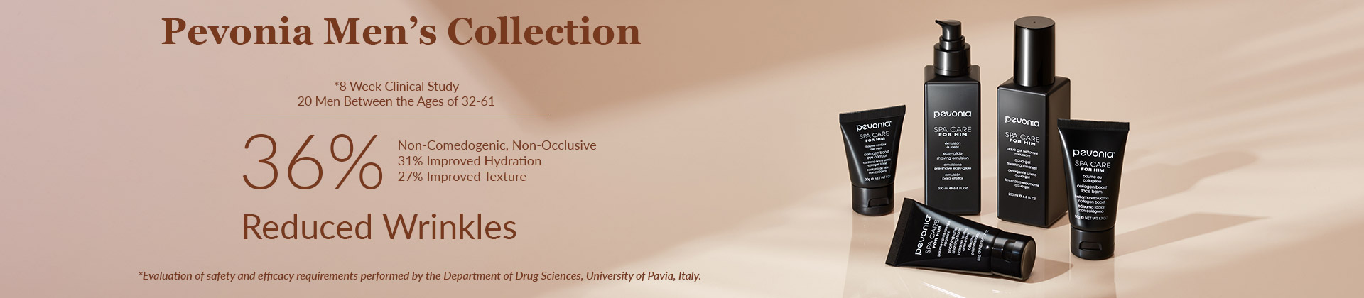Banner detailing efficacy statistics for Pevonia's Men's Line.